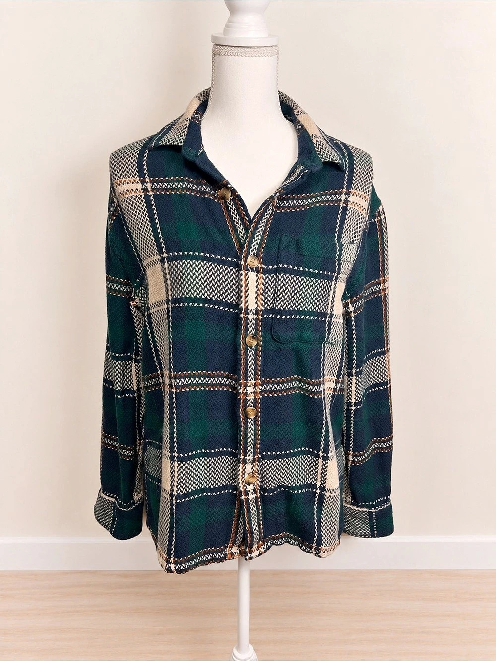 Abercrombie & Fitch Soft A&F Plaid Flannel Shacket Green Navy XS